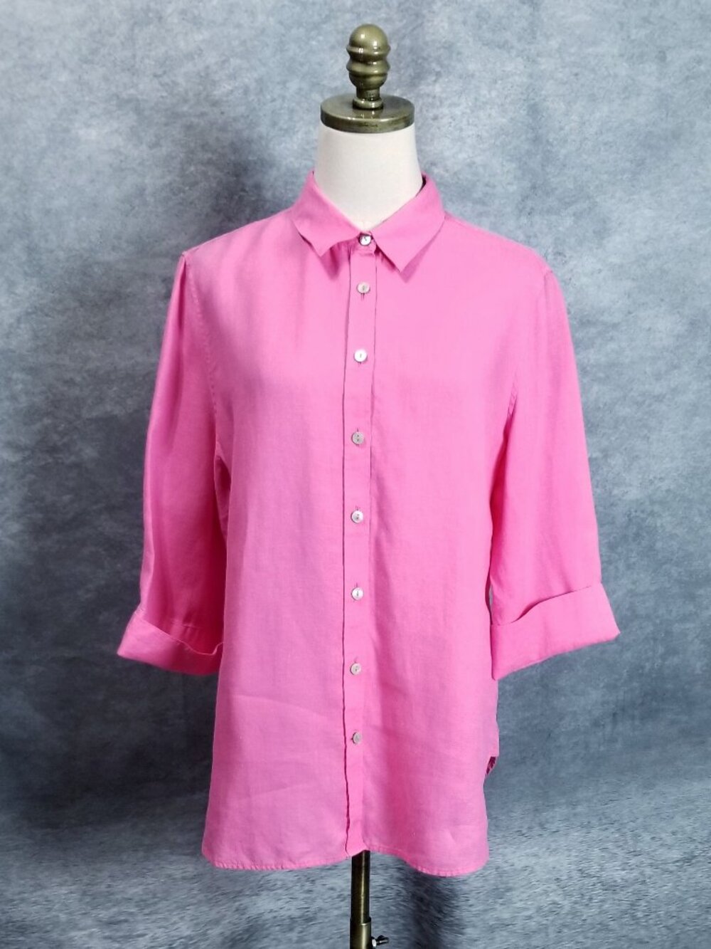 Chicos Linen Shirt Size 10 1.5 Pink 3/4 Sleeve Button Down Folded Cuff